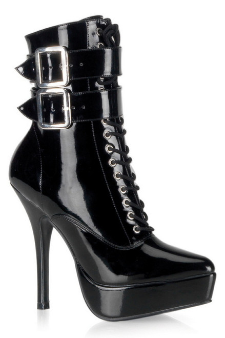 Black Patent 5 1/4" Double Buckle Lace Up Ankle Boot