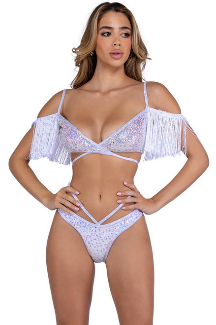 Shaped Sexy Sequin White Fishnet Fringe Top