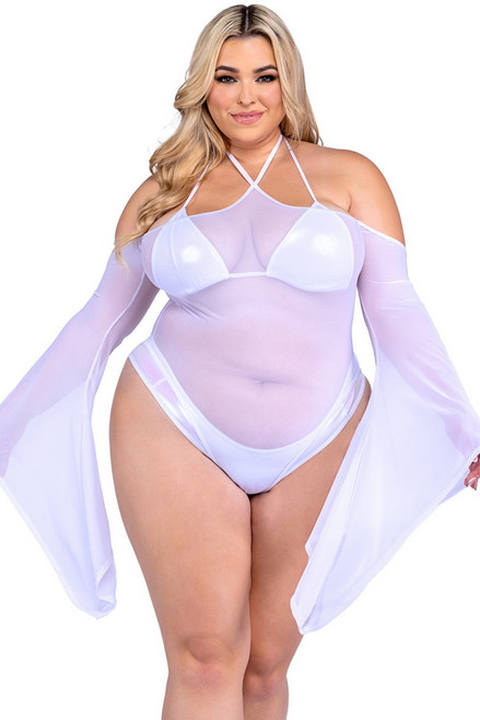 Plus Size Magical White Sheer Mesh Bell Sleeved Romper