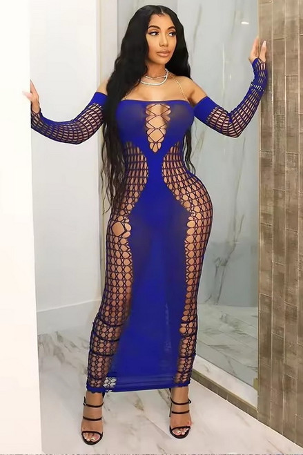 Blue Captivating Fishnet Panel Dress