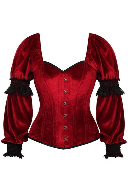 Plus Size Top Drawer Dark Red Velvet Steel Boned Long Sleeve Corset