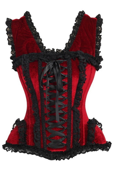 Plus Size Top Drawer Dark Red Velvet & Lace Steel Boned Corset