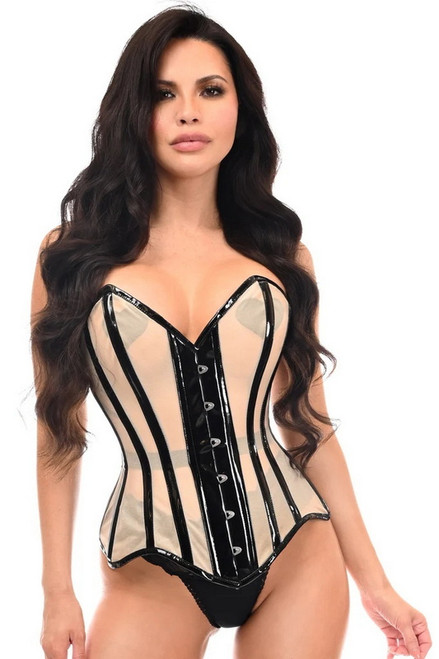 Plus Size Top Drawer Nude Mesh & Black Patent Steel Boned Corset