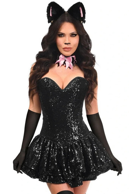 Plus Size Top Drawer Black & Pink Sequin Cat Corset Halloween Costume
