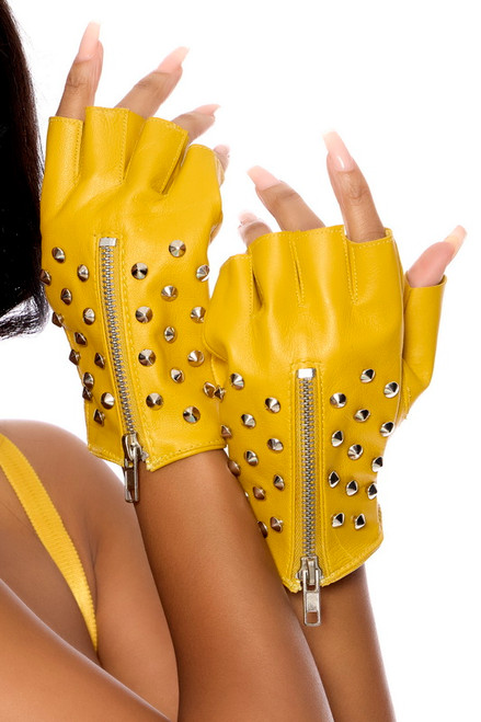 Touch Me Yellow Studded Leather Gloves