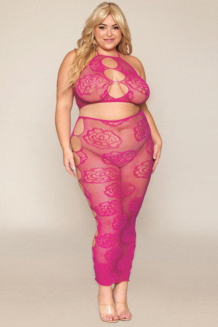 Plus Size Fishnet Rose Halter Top & Skirt