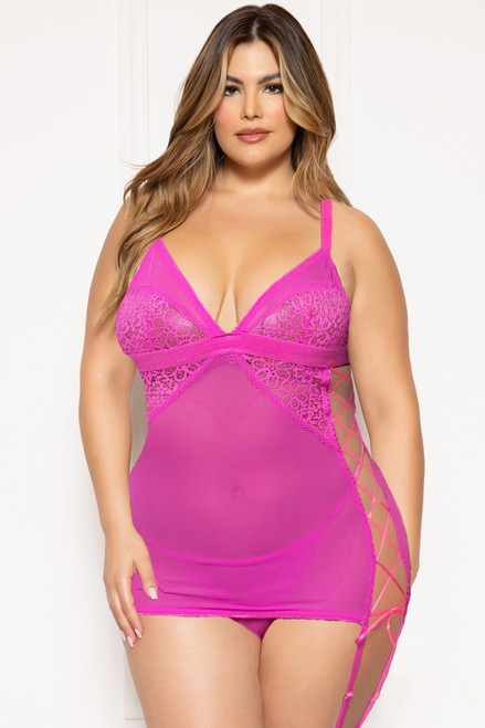 Plus Size Provocative Neon Pink Geo Lace & Mesh Chemise