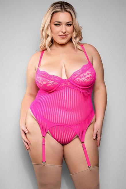 Plus Size Juliette Neon Pink Mesh Gartered Bustier & Panty