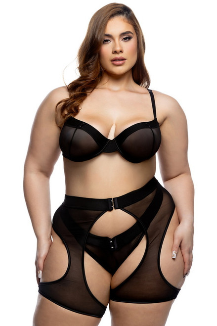 Plus Size Millenium Black Mesh Bra & Chaps Set