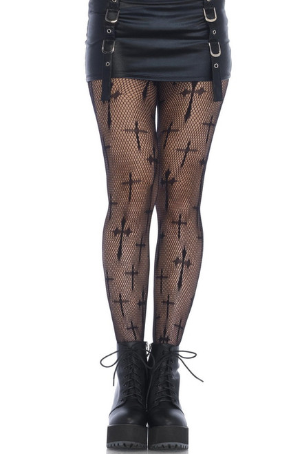 Black Worship Me Cross Net Tights Blowout Deal