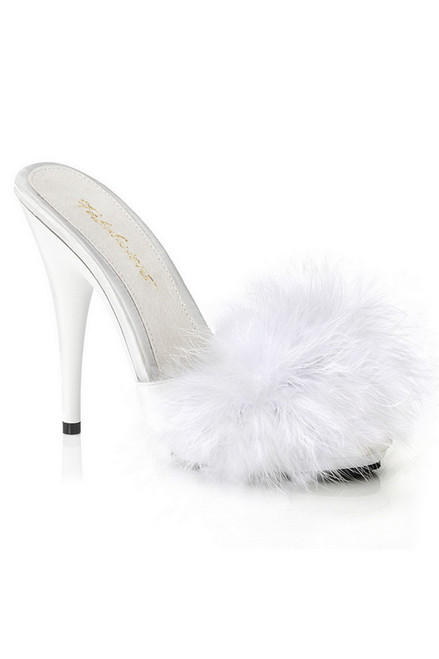 5" Heel White Satin Marabou Sandals Blowout Deal