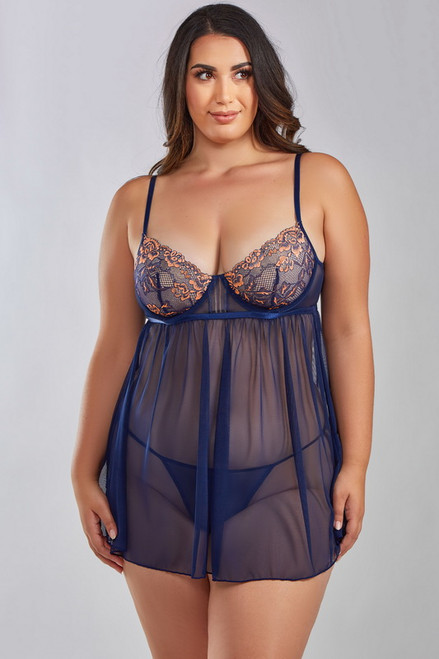 Plus Size Jennie Navy Mesh Lingerie Babydoll Blowout Deal