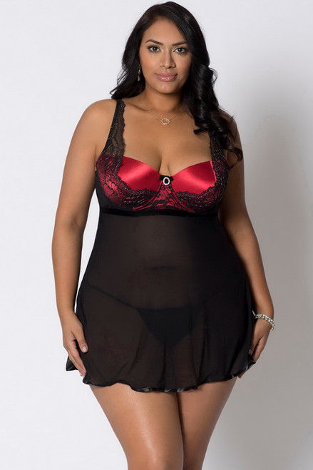 Plus Size Red & Black Please Me Lingerie Babydoll & Thong Set Blowout Deal