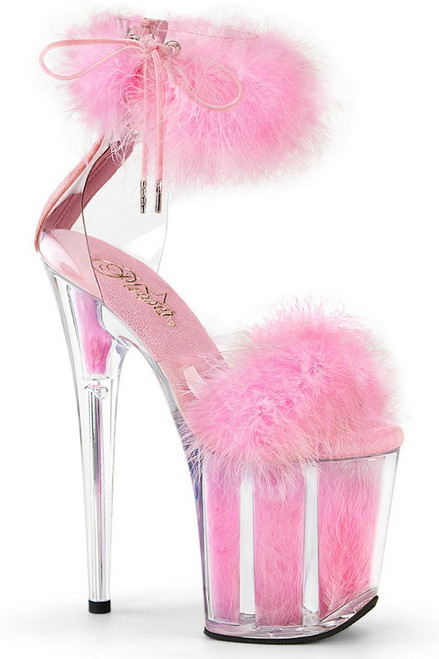 Baby Pink Marabou 8" Heeled Ankle Strap Sandal Blowout Deal