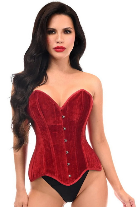 Top Drawer Dark Red Velvet Steel Boned Overbust Corset Blowout Deal