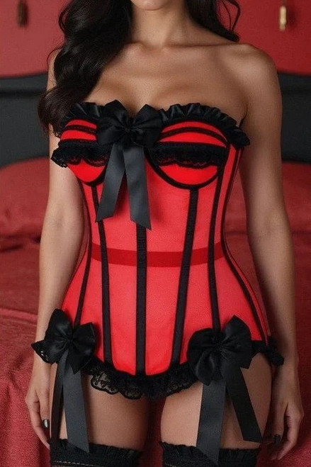 Top Drawer Steel Boned Red & Black Mesh Bustier Corset