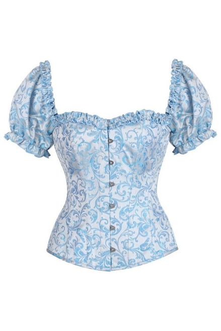 Plus Size Top Drawer Steel Boned Blue Brocade Overbust Corset With Sleeves