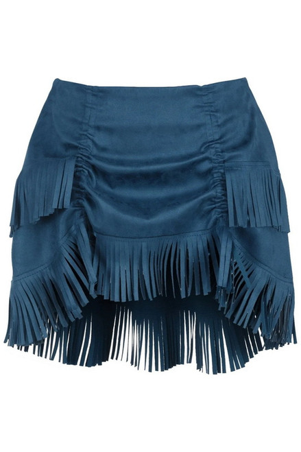 Blue Suede Ruched Bustle Skirt With Fringe