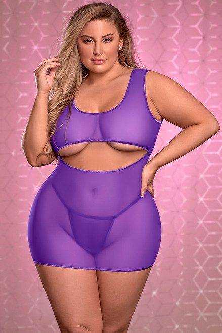 Plus Size Purple Sheer Mesh Underboob Dress Blowout Deal