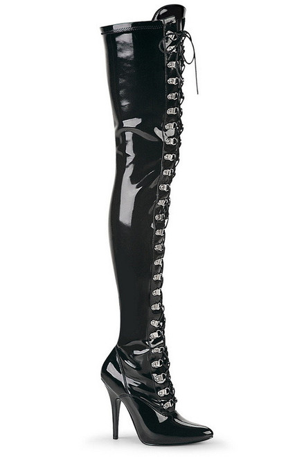 5" Black Stretch Patent D-Ring Lace Up Thigh Boot