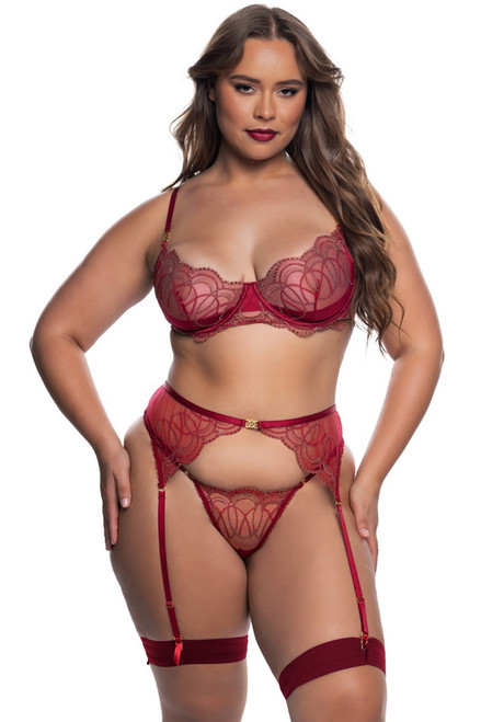 Plus Size Whimsical Wine Beaded Lace Bra & Garter Set