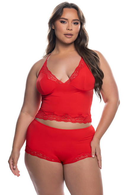 Plus Size Come-hither Red Knit & Lace Cami Set