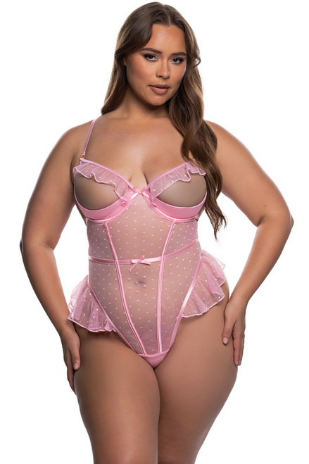 Plus Size Foxy Light Pink Dot Mesh & Stretch Satin Peek-A-Boo Lingerie Teddy