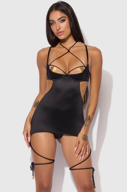 Plus Size Night Time Black Open Cup Rope Lingerie Chemise Set