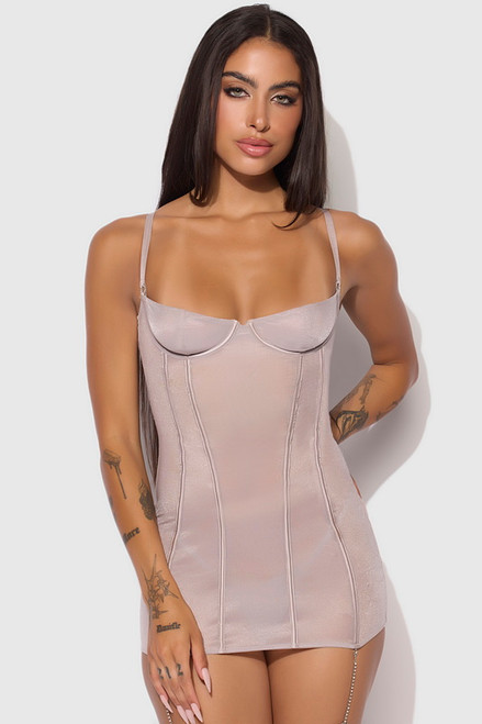 Plus Size Lustrous Rhinestone Silver Grey Lingerie Chemise Set