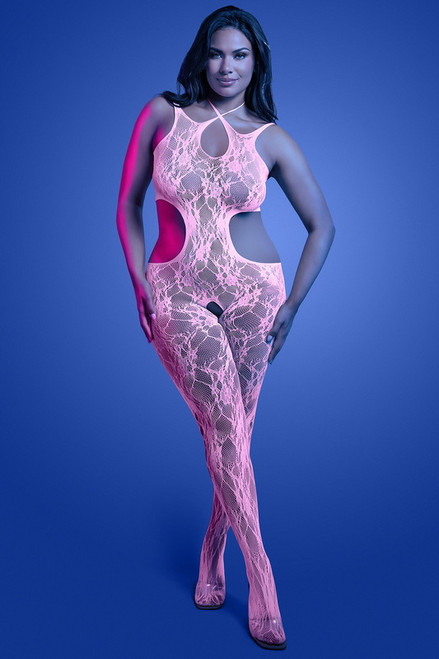 Plus Size Lady In Lace White Crotchless Glow Bodystocking