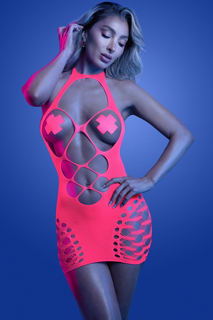 Apply The Pressure Open Knit Halter Bodystocking Dress & Pasties
