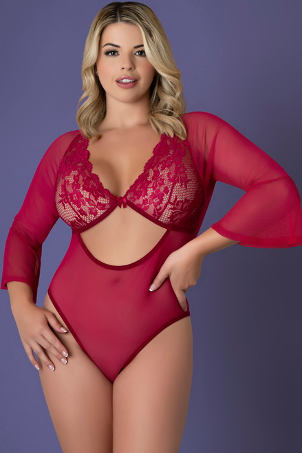Plus Size Cherry Red Sleeve Lingerie Teddy