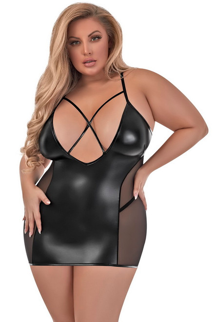 Plus Size Black Wet Look Wicked Ways Chemise Blowout Deal