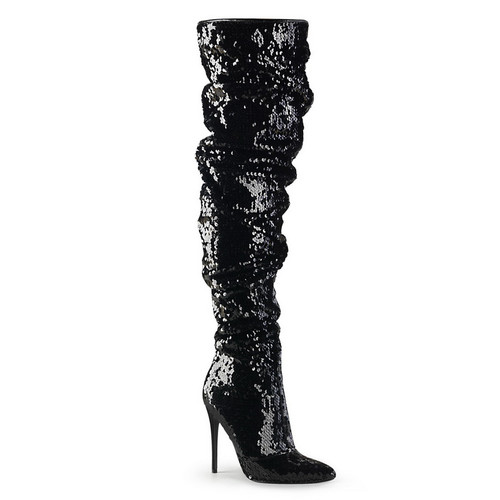 5" Heel Black Sequins Thigh High Boots Blowout Deal