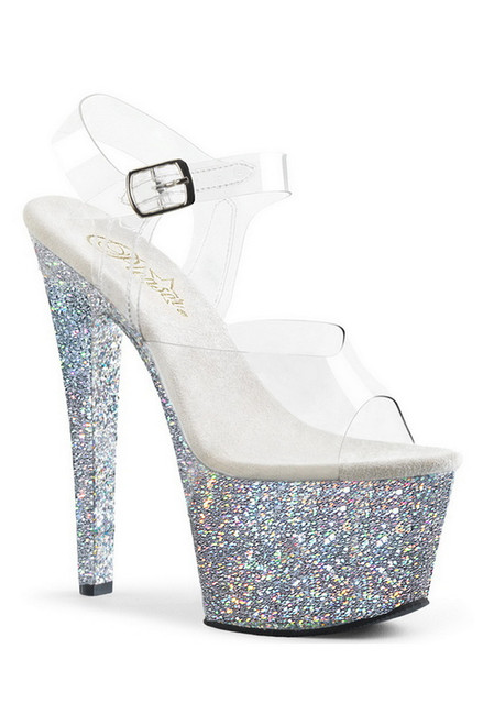 Silver Multi Glitter Ankle Strap 7" Heels Blowout Deal