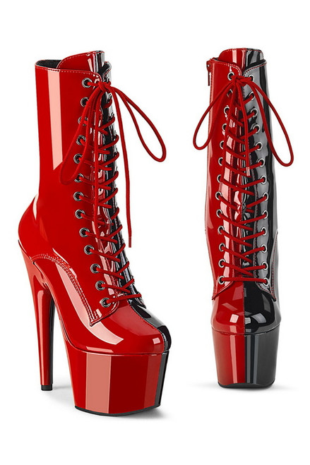 7" Heel Black & Red Two Toned Lace Up Front Ankle Boots Blowout Deal