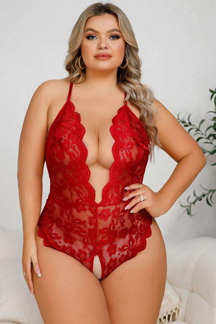 Plus Size Secret Affair Red Lace Open Cup & Crotchless Teddy