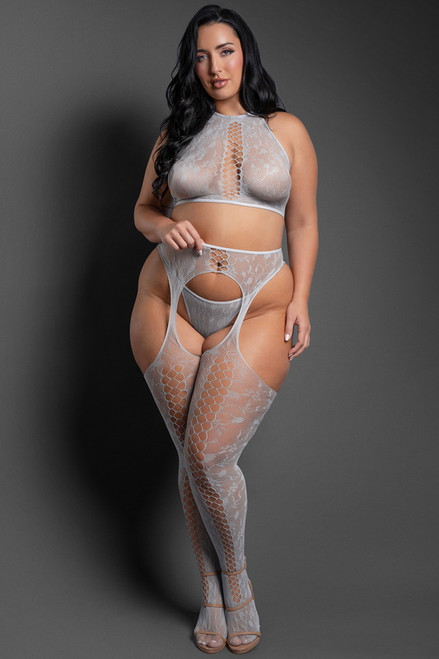 Plus Size Most Wanted Halter Top & Gartered Floral Knit Stocking Set