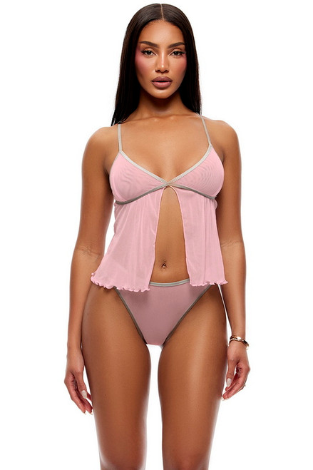Pink Sheer Mesh Babydoll Cami & Panty
