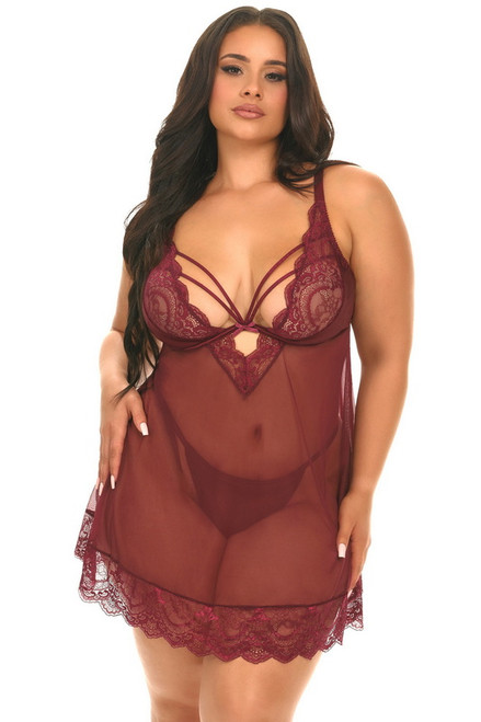 Plus Size Wondering Wine Lace Lingerie Babydoll Set Blowout Deal