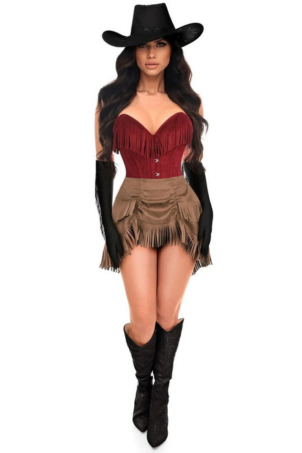 Plus Size Red & Brown Suede Fringe Cowgirl Corset Costume