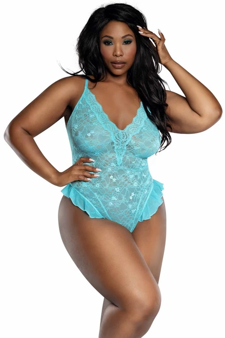 Plus Size Turquoise Lace Teddy With Ruffles