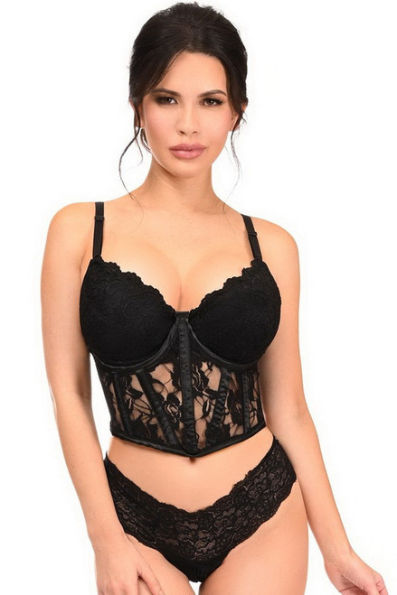 Lavish Black Sheer Lace Underwire Underbust Corset Set Blowout Deal