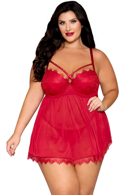 Plus Size Garnet Studded Mesh Babydoll Lingerie Set Blowout Deal