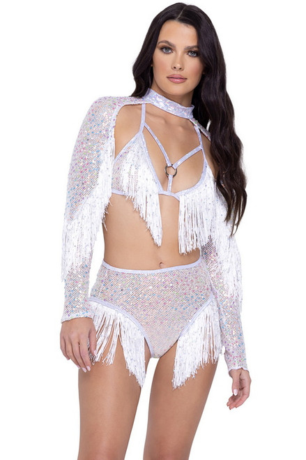 White Sequin Fishnet Fringe Top Blowout Deal