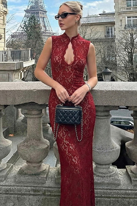 Divine Wine Lace Maxi Dress Blowout Deal