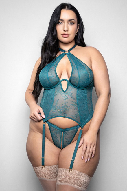 Plus Size Dark Teal Gartered Bustier & Crotchless Panty