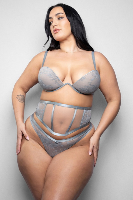 Plus Size Mila Gray Lace Bra, Waist Cincher, & Thong Set
