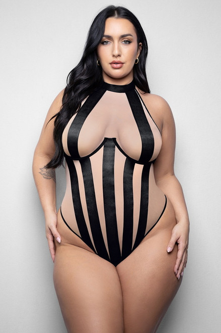 Plus Size Verena Black Sheer Mesh High-Neck Teddy