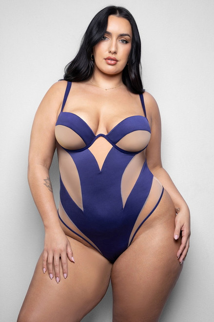 Plus Size Yvaine Deep Indigo Microfiber & Sheer Mesh Teddy